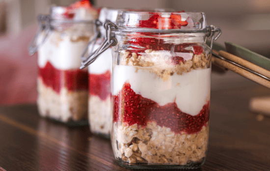 strawberry parfait overnight oats with strawberry chia seed jam