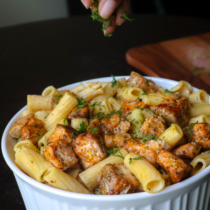 creamy lemon dill rigatoni with baked salmon