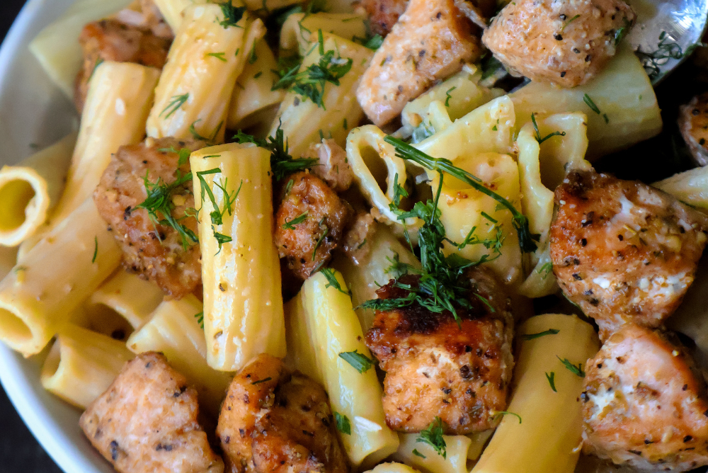 Creamy Lemon Dill Rigatoni with Baked Salmon