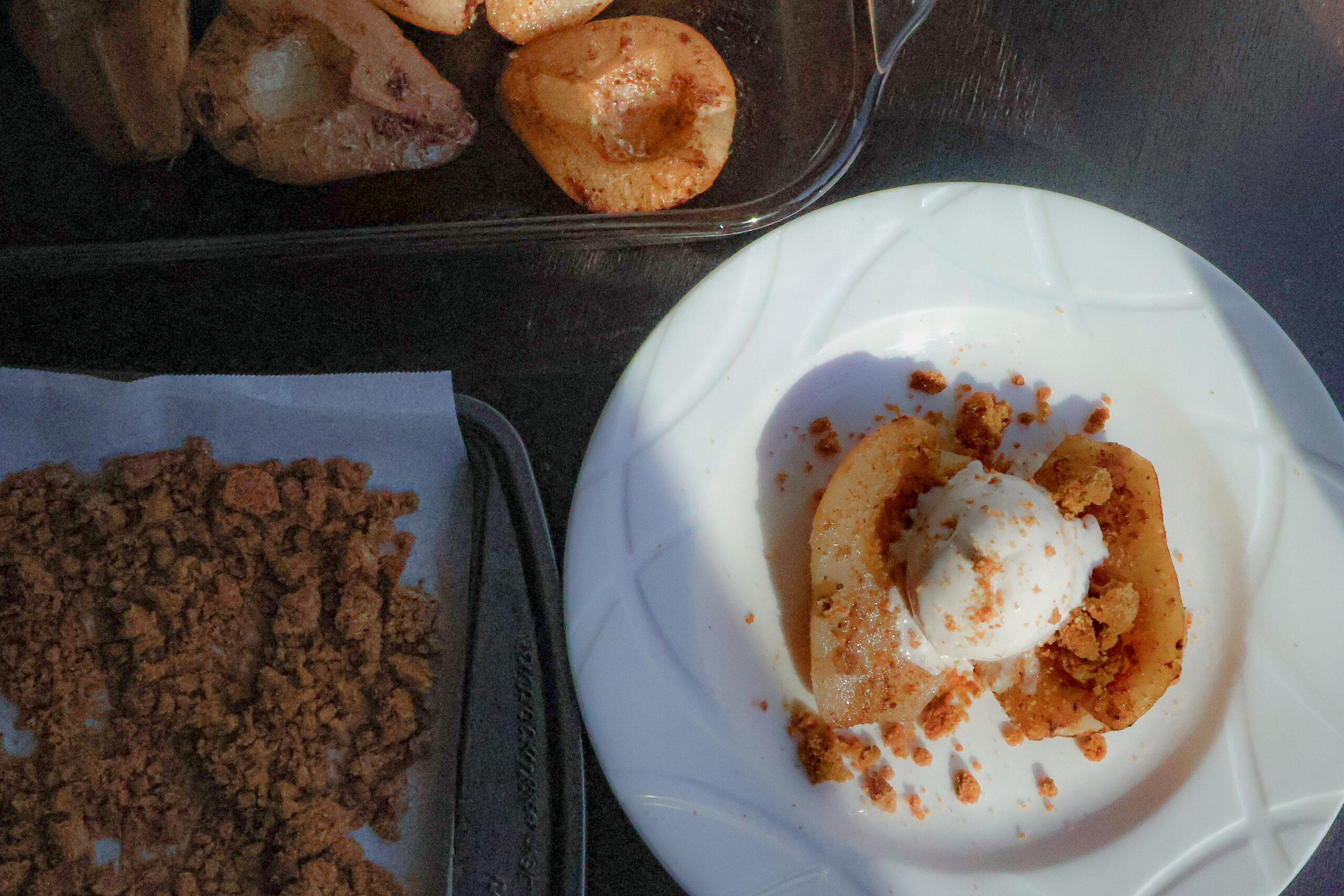 Chai Spiced Baked Pear with Honey Graham Cracker Crumble