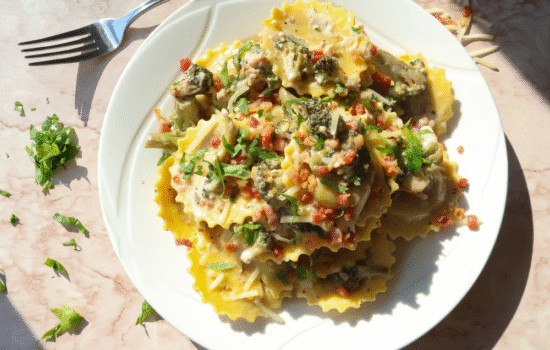 cheesy broccoli and pancetta ravioli