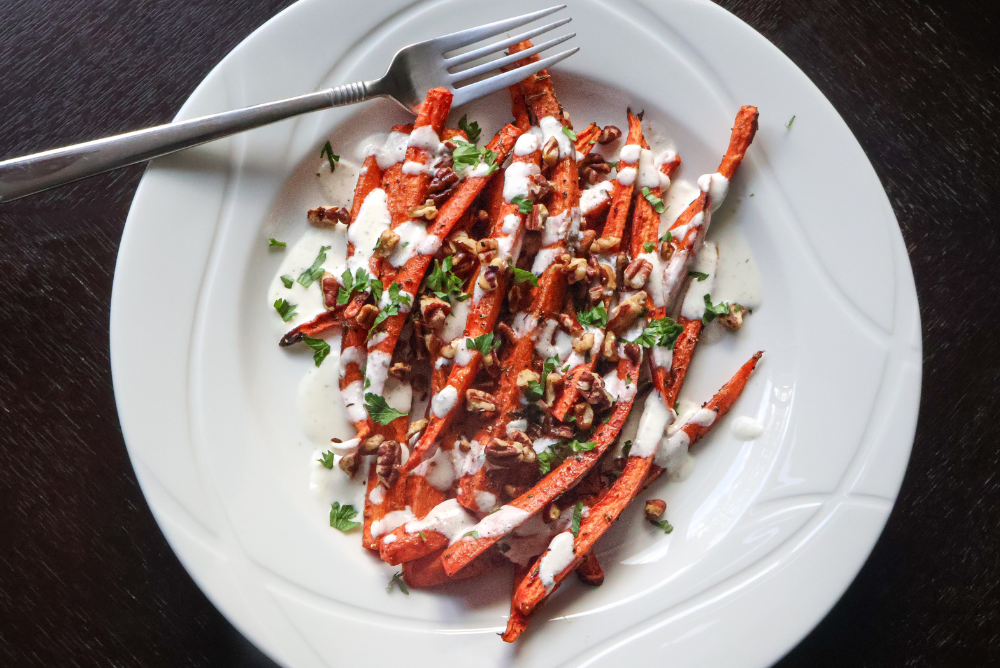 roasted spice carrots and honey whipped feta and pecans