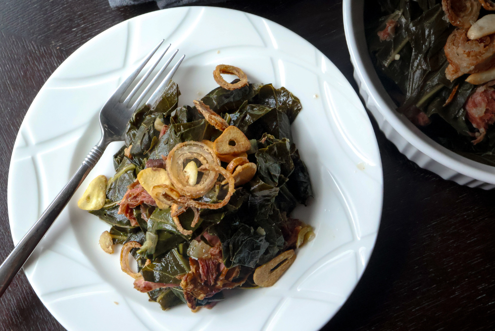 crispy shallot and garlic braised collard greens