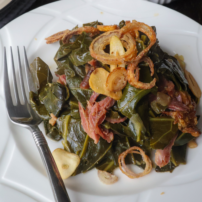 crispy shallot and garlic braised collard greens