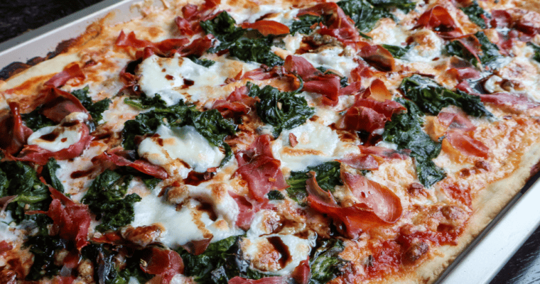 Prosciutto Mustard Green Pizza with Balsamic Honey