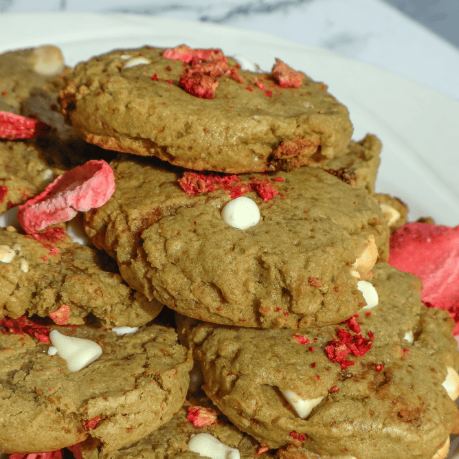 strawberry matcha white chocolate chip cookies