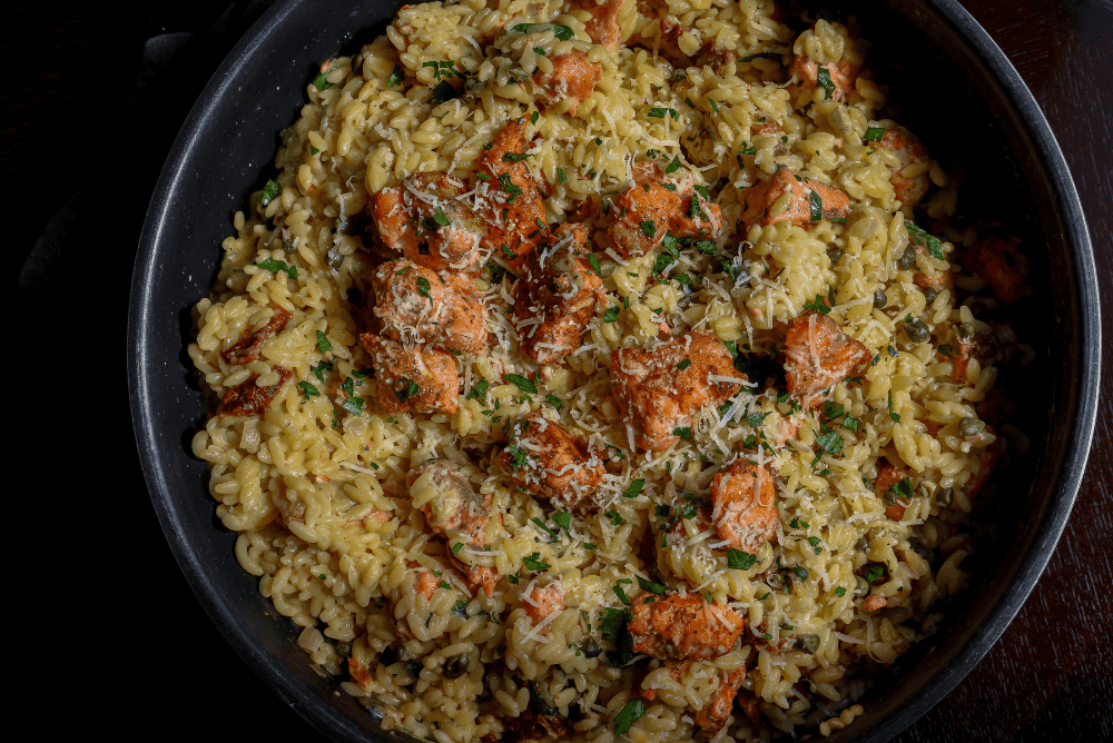 White Wine Caper Salmon Orzo