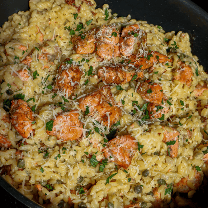 white wine caper salmon orzo
