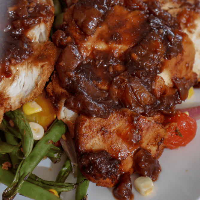 peach balsamic chicken with summer roasted vegetables