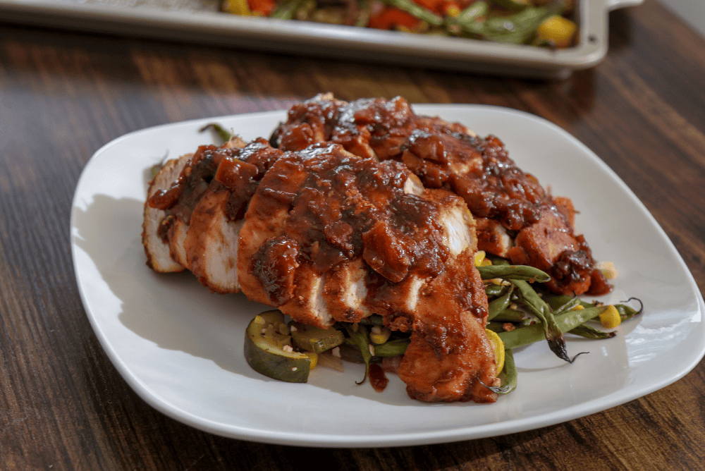 Peach Balsamic Chicken with Summer Roasted Vegetables