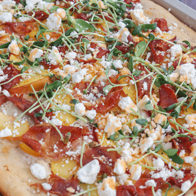 peach prosciutto feta flatbread with hot honey