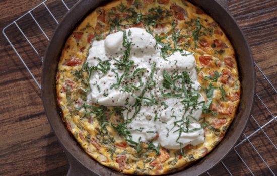 heirloom tomatoes, basil, burrata frittata