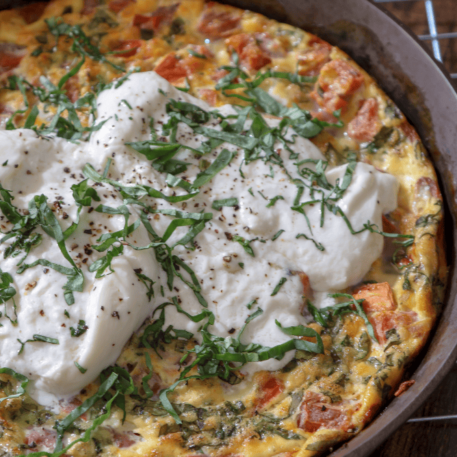 heirloom tomato, basil, burrata frittata